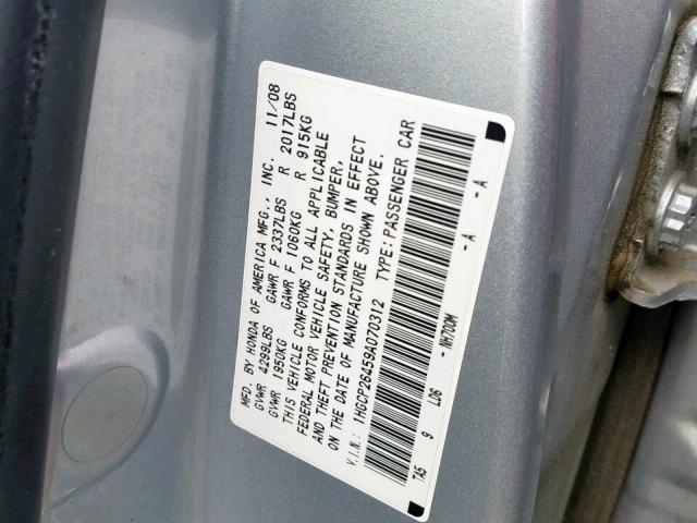 1HGCP26459A070312 - 2009 HONDA ACCORD LXP SILVER photo 10