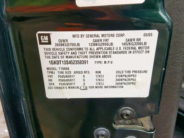 1GKDT13S452358391 - 2005 GMC ENVOY GREEN photo 10