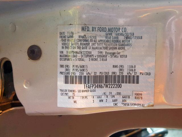 1FAFP34N67W222200 - 2007 FORD FOCUS ZX4 SILVER photo 10