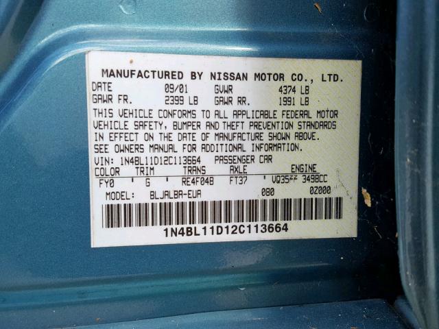 1N4BL11D12C113664 - 2002 NISSAN ALTIMA SE GREEN photo 10