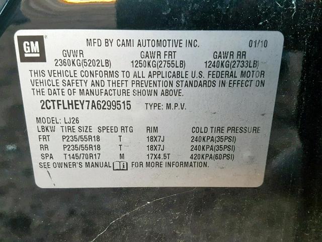 2CTFLHEY7A6299515 - 2010 GMC TERRAIN SL BLACK photo 10