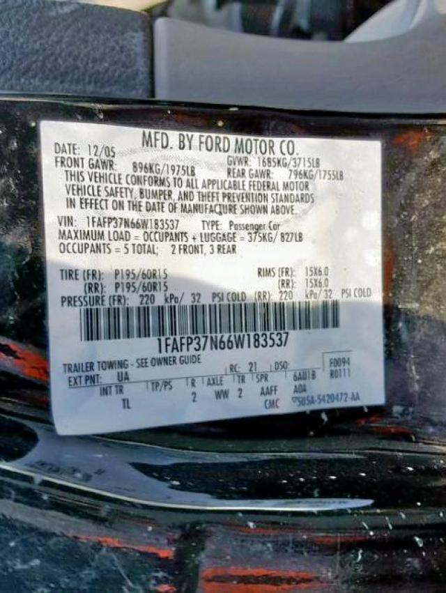 1FAFP37N66W183537 - 2006 FORD FOCUS ZX5 BLACK photo 10