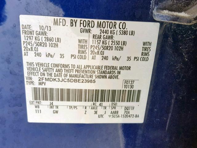 2FMDK3JC5DBE23985 - 2013 FORD EDGE SEL BLUE photo 10