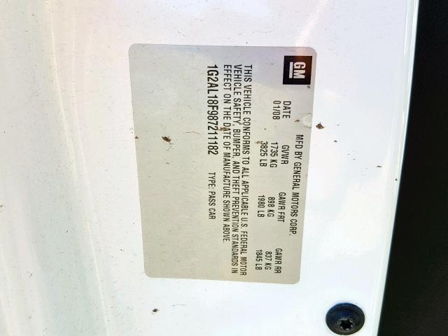 1G2AL18F987211182 - 2008 PONTIAC G5 WHITE photo 10