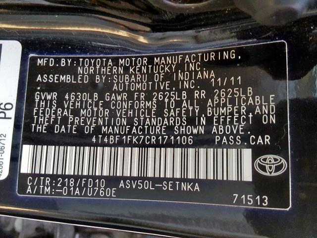 4T4BF1FK7CR171106 - 2012 TOYOTA CAMRY BASE Սև լուսանկար 10