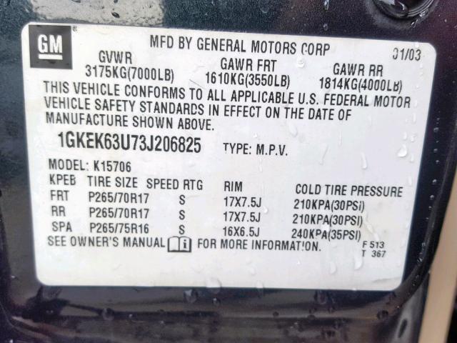 1GKEK63U73J206825 - 2003 GMC YUKON DENA CHARCOAL photo 10