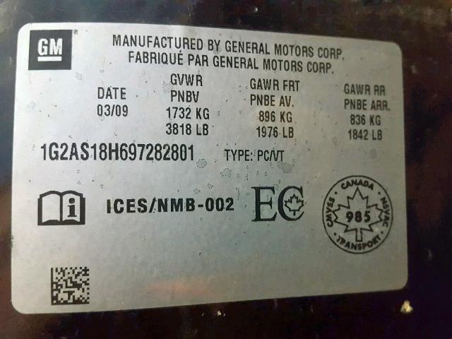 1G2AS18H697282801 - 2009 PONTIAC G5 BLACK photo 10
