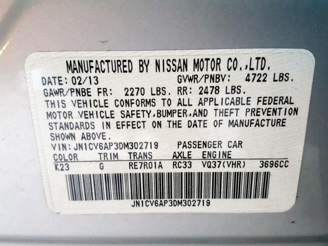 JN1CV6AP3DM302719 - 2013 INFINITI G37 BASE SILVER photo 10