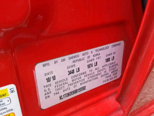 KL1TD6DE6BB155502 - 2011 CHEVROLET AVEO LS RED photo 10