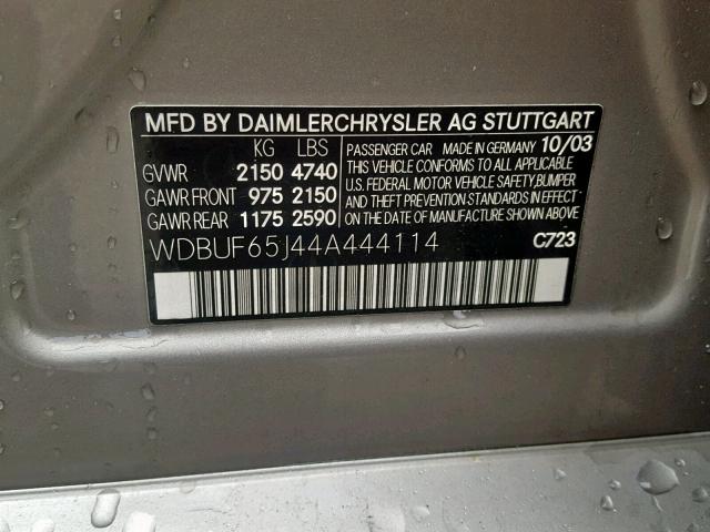 WDBUF65J44A444114 - 2004 MERCEDES-BENZ E 320 SILVER photo 10