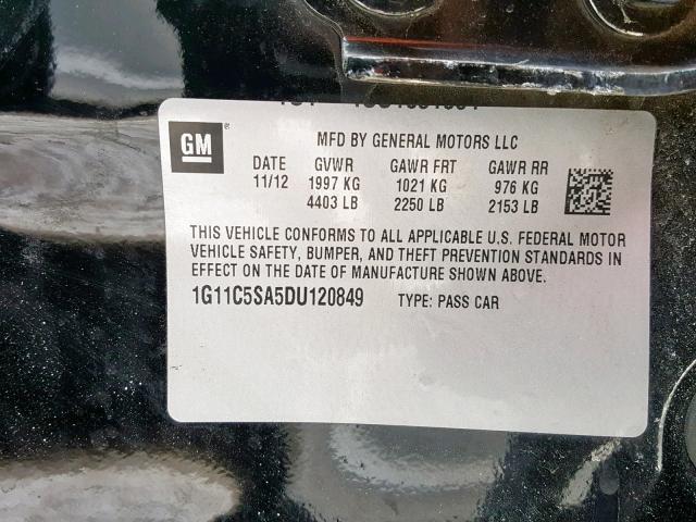 1G11C5SA5DU120849 - 2013 CHEVROLET MALIBU 1LT შავი ფოტო 10