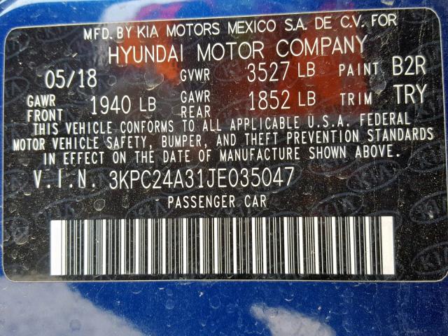 3KPC24A31JE035047 - 2018 HYUNDAI ACCENT SEL BLUE photo 10