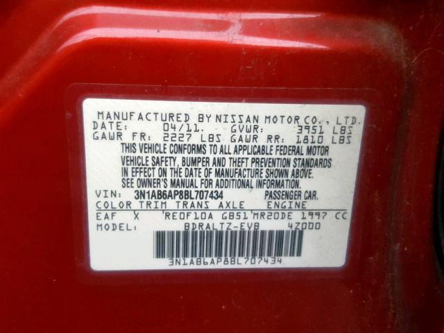 3N1AB6AP8BL707434 - 2011 NISSAN SENTRA 2.0 RED photo 10