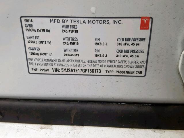 5YJSA1E17GF156173 - 2016 TESLA MODEL S Սպիտակ լուսանկար 10