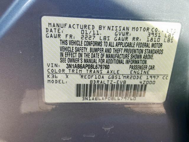 3N1AB6AP0BL679760 - 2011 NISSAN SENTRA 2.0 SILVER photo 10