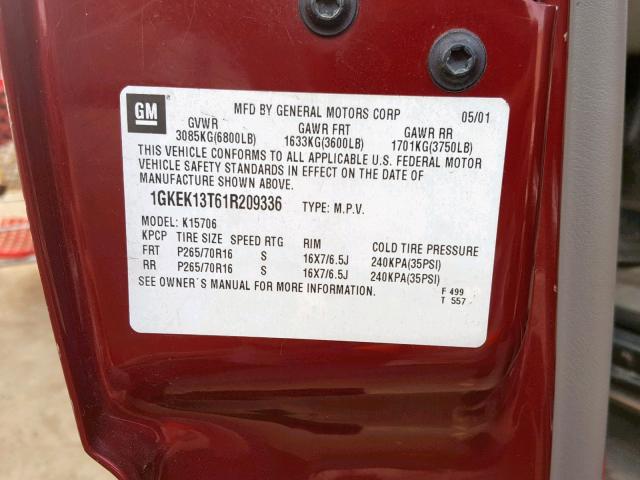 1GKEK13T61R209336 - 2001 GMC YUKON RED photo 10