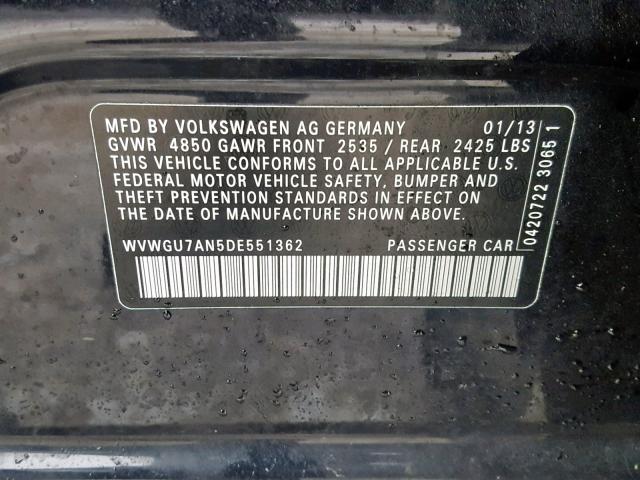 WVWGU7AN5DE551362 - 2013 VOLKSWAGEN CC VR6 4MO BLACK photo 10