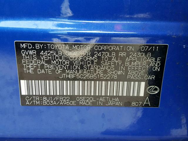 JTHBF5C25B5152278 - 2011 LEXUS IS 250 BLUE photo 10