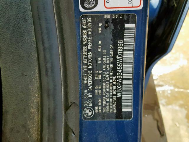 WBXPA93455WD11996 - 2005 BMW X3 3.0I BLUE photo 10