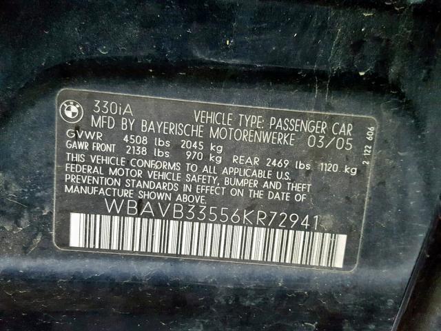 WBAVB33556KR72941 - 2006 BMW 330 I BLUE photo 10