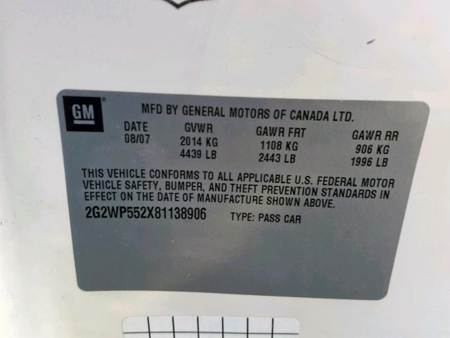 2G2WP552X81138906 - 2008 PONTIAC GRAND PRIX WHITE photo 10