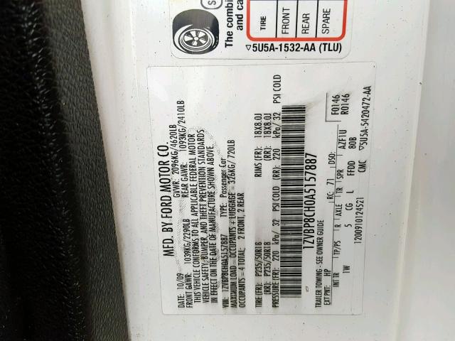 1ZVBP8CH0A5157887 - 2010 FORD MUSTANG GT WHITE photo 10