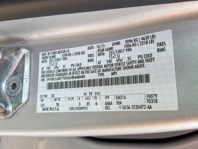 1FMCU0F70GUB44040 - 2016 FORD ESCAPE S SILVER photo 10