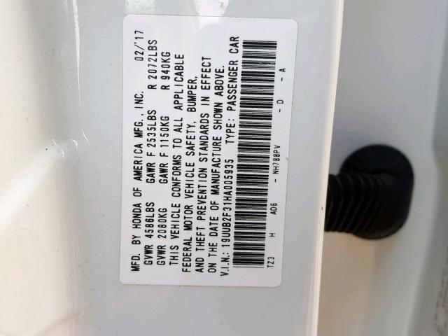 19UUB2F31HA005935 - 2017 ACURA TLX WHITE photo 10