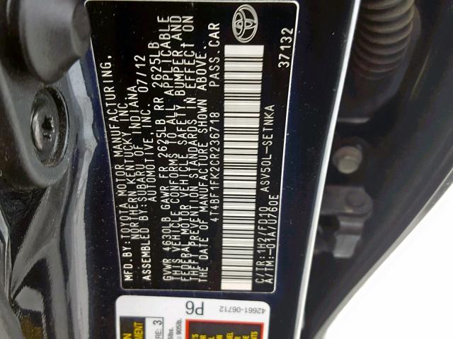 4T4BF1FK2CR236718 - 2012 TOYOTA CAMRY BASE BLACK photo 10