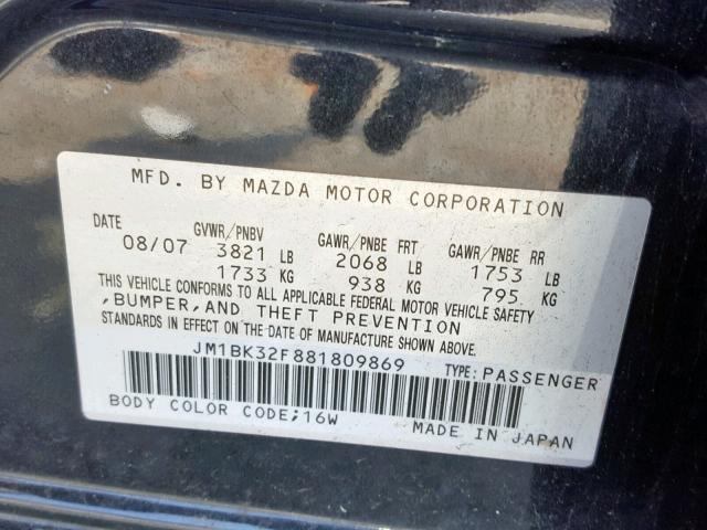 JM1BK32F881809869 - 2008 MAZDA 3 I BLACK photo 10