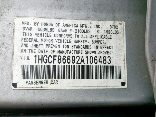 1HGCF86692A106483 - 2002 HONDA ACCORD VAL SILVER photo 10