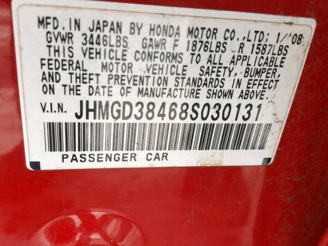 JHMGD38468S030131 - 2008 HONDA FIT RED photo 10