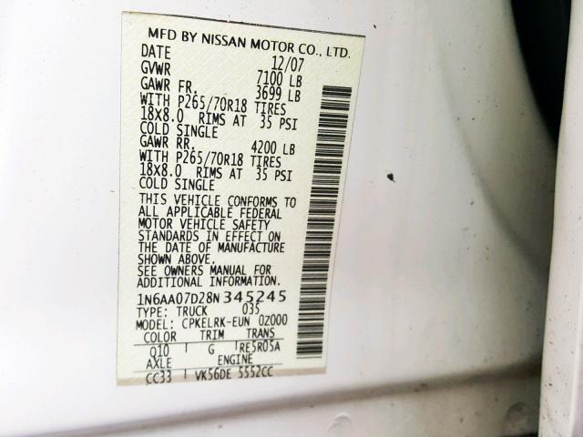 1N6AA07D28N345245 - 2008 NISSAN TITAN XE WHITE photo 10