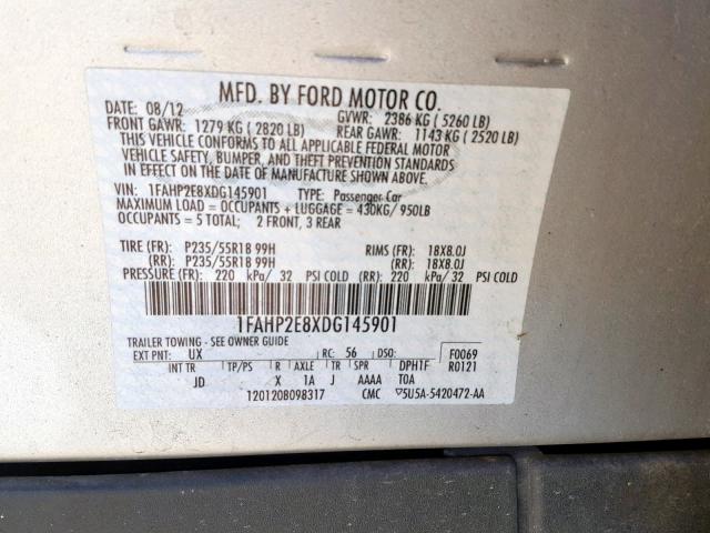 1FAHP2E8XDG145901 - 2013 FORD TAURUS SEL SILVER photo 10