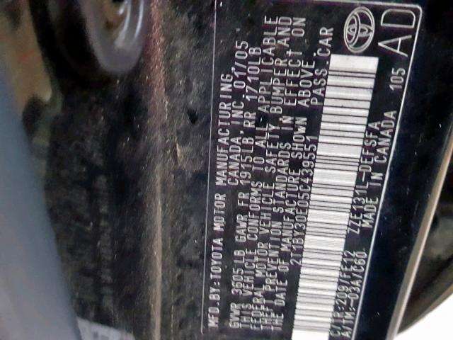 2T1BY30E05C439551 - 2005 TOYOTA COROLLA XR BLACK photo 10