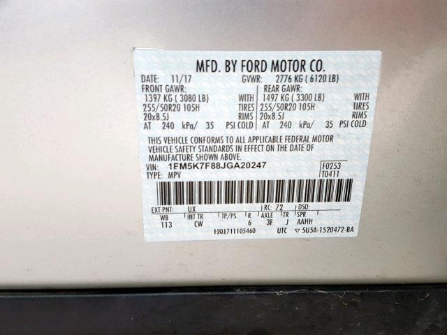 1FM5K7F88JGA20247 - 2018 FORD EXPLORER L SILVER photo 10