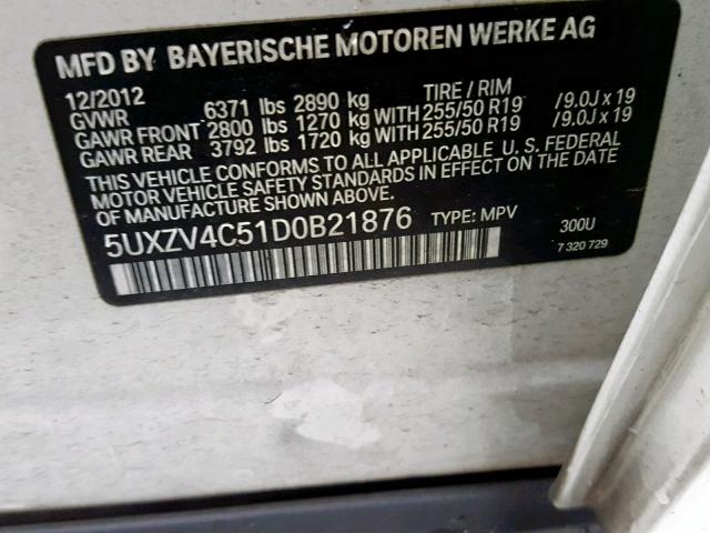 5UXZV4C51D0B21876 - 2013 BMW X5 XDRIVE3 WHITE photo 10