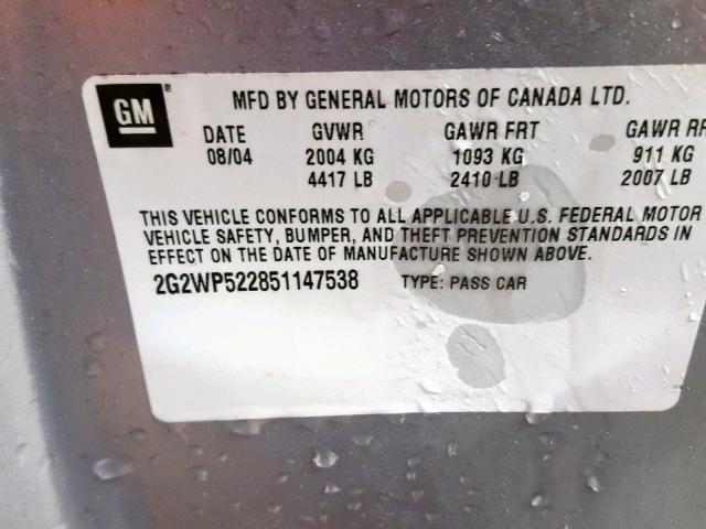 2G2WP522851147538 - 2005 PONTIAC GRAND PRIX SILVER photo 10