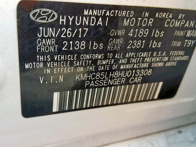 KMHC85LH8HU013308 - 2017 HYUNDAI IONIQ LIMI WHITE photo 10