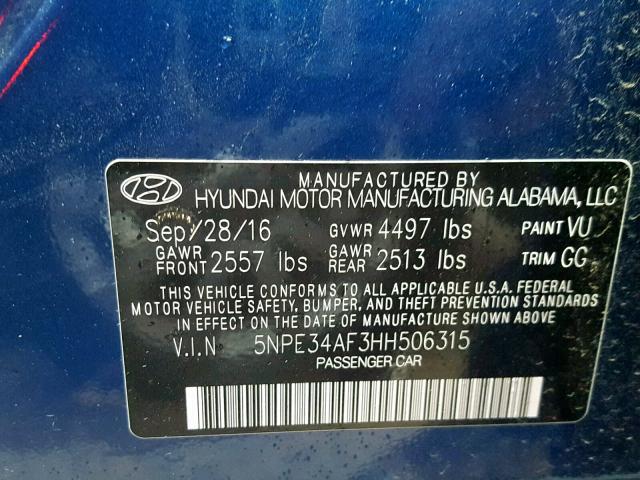 5NPE34AF3HH506315 - 2017 HYUNDAI SONATA SPO BLUE photo 10