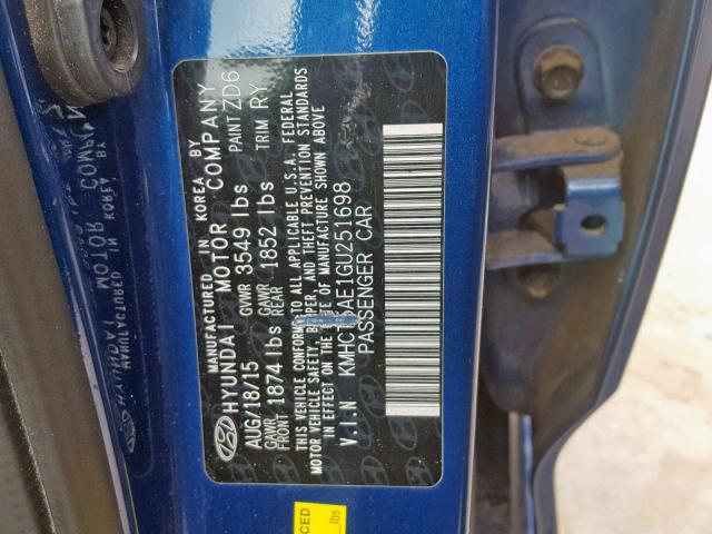 KMHCT5AE1GU251698 - 2016 HYUNDAI ACCENT SE BLUE photo 10