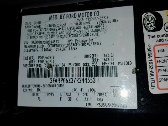 3FAHP06Z37R244553 - 2007 FORD FUSION S BLACK photo 10