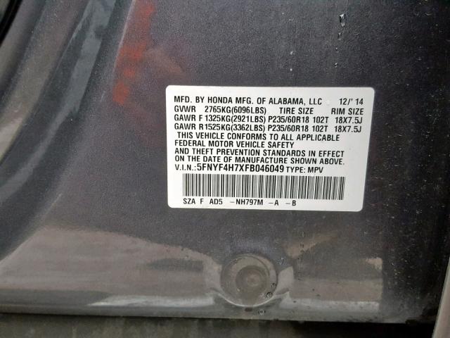 5FNYF4H7XFB046049 - 2015 HONDA PILOT EXLN GRAY photo 10