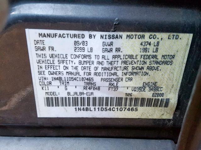 1N4BL11D54C107465 - 2004 NISSAN ALTIMA SE CHARCOAL photo 10