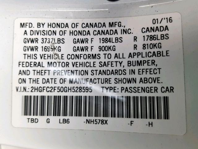 2HGFC2F50GH528595 - 2016 HONDA CIVIC LX WHITE photo 10