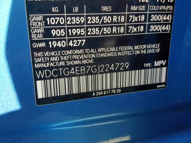 WDCTG4EB7GJ224729 - 2016 MERCEDES-BENZ GLA 250 BLUE photo 10