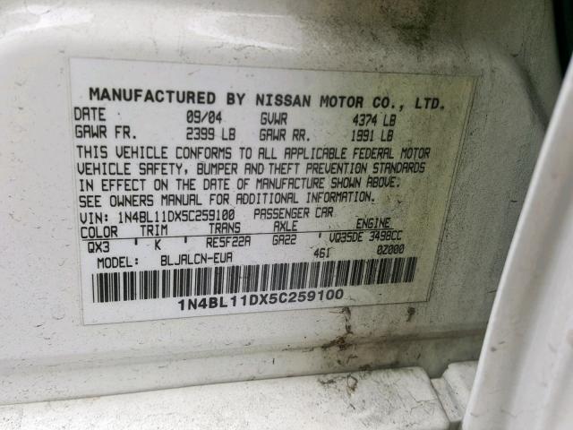 1N4BL11DX5C259100 - 2005 NISSAN ALTIMA SE WHITE photo 10