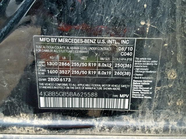 4JGBB5GB5BA625588 - 2011 MERCEDES-BENZ ML 350 BLACK photo 10