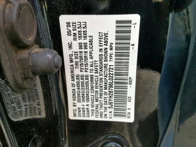 5J6YH28796L022721 - 2006 HONDA ELEMENT EX BLACK photo 10