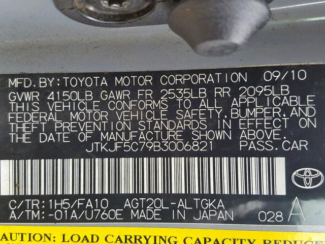 JTKJF5C79B3006821 - 2011 TOYOTA SCION TC 灰色 照片 10